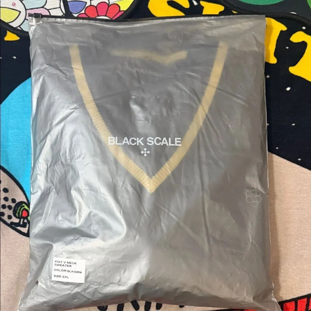 Black Scale Black V-Neck Sweater with Yellow Trim
